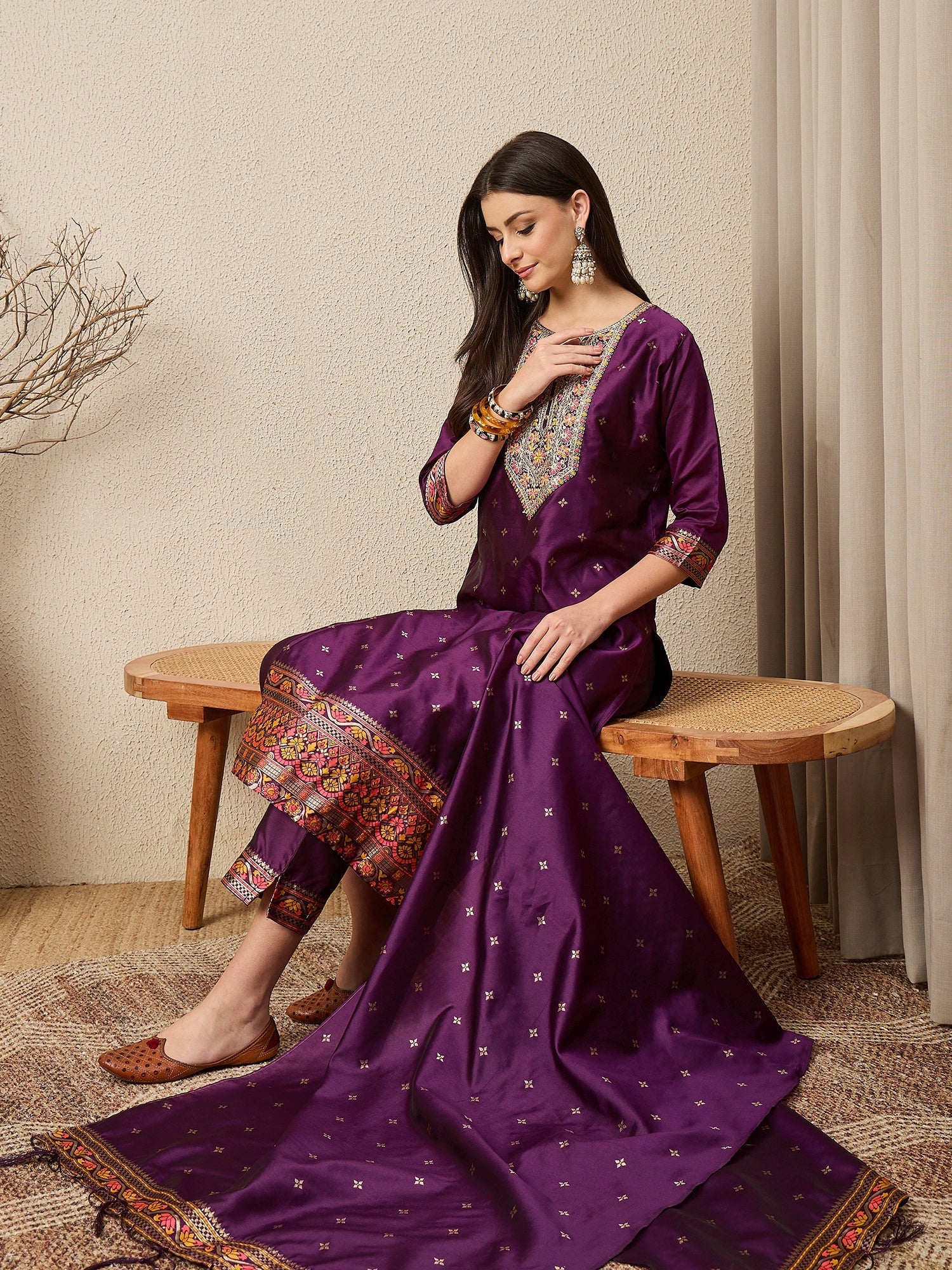 Kahani Women Purple Yoke Design Silk Blend Straight Suit With Dupatta - FitVibe Fashion
