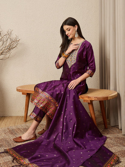 Kahani Women Purple Yoke Design Silk Blend Straight Suit With Dupatta - FitVibe Fashion