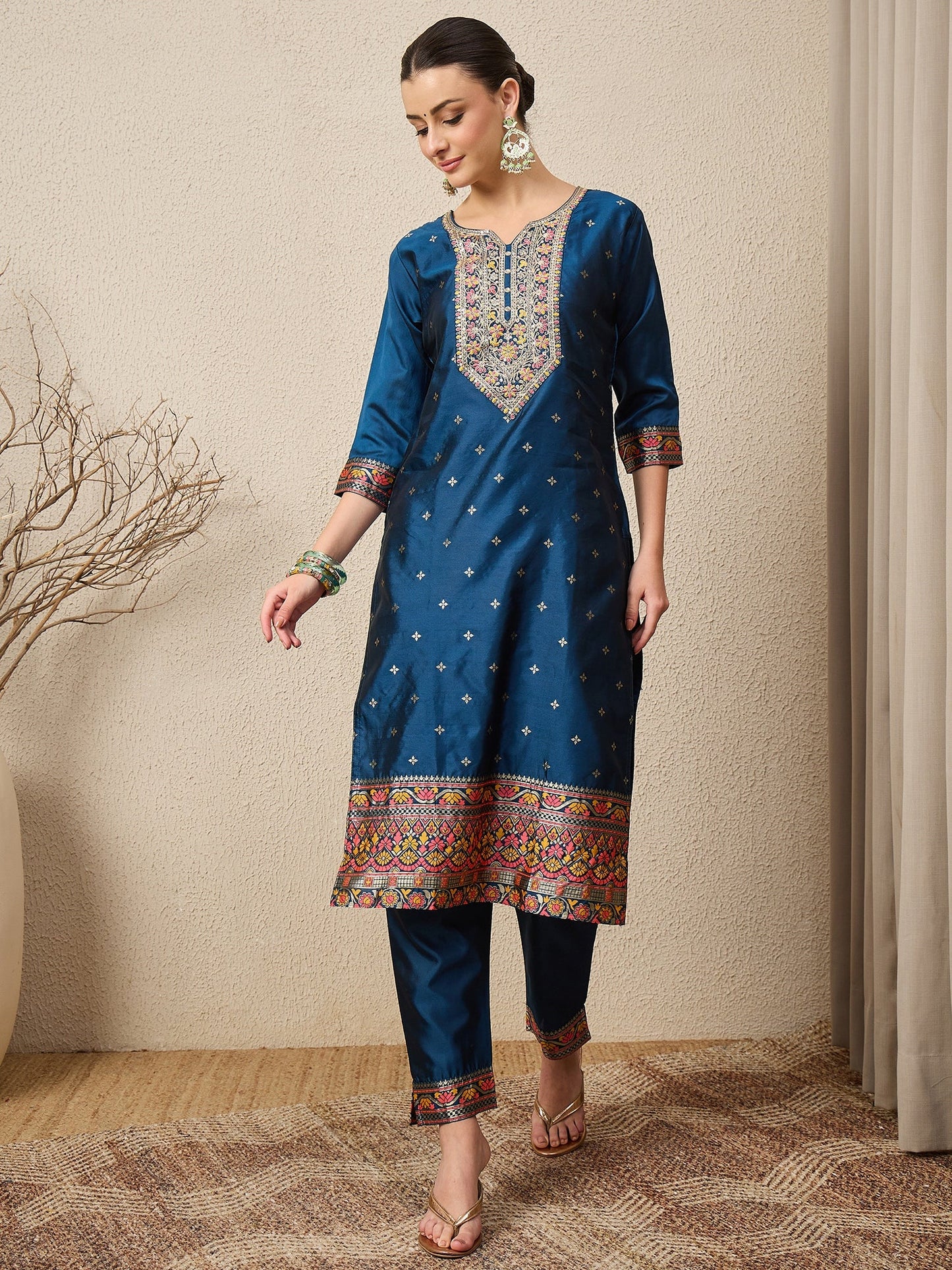 Kahani Women Teal Yoke Design Silk Blend Straight Suit With Dupatta - FitVibe Fashion