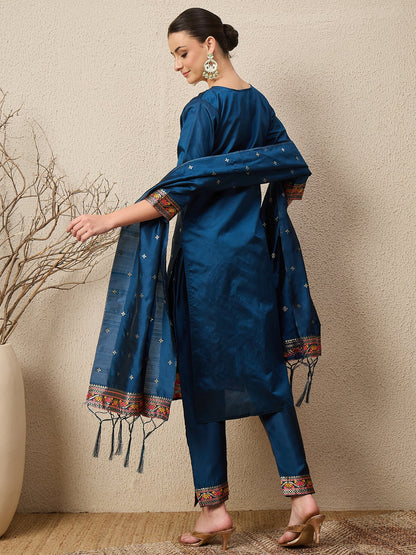 Kahani Women Teal Yoke Design Silk Blend Straight Suit With Dupatta - FitVibe Fashion