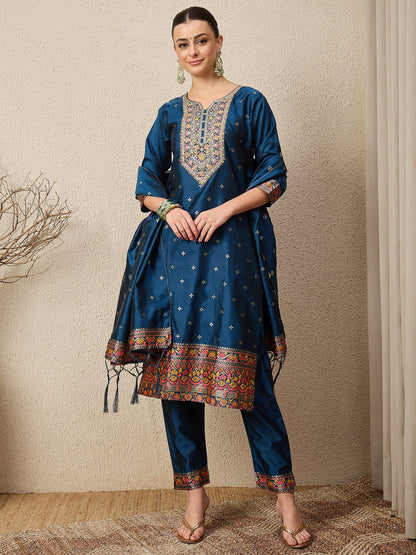 Kahani Women Teal Yoke Design Silk Blend Straight Suit With Dupatta - FitVibe Fashion