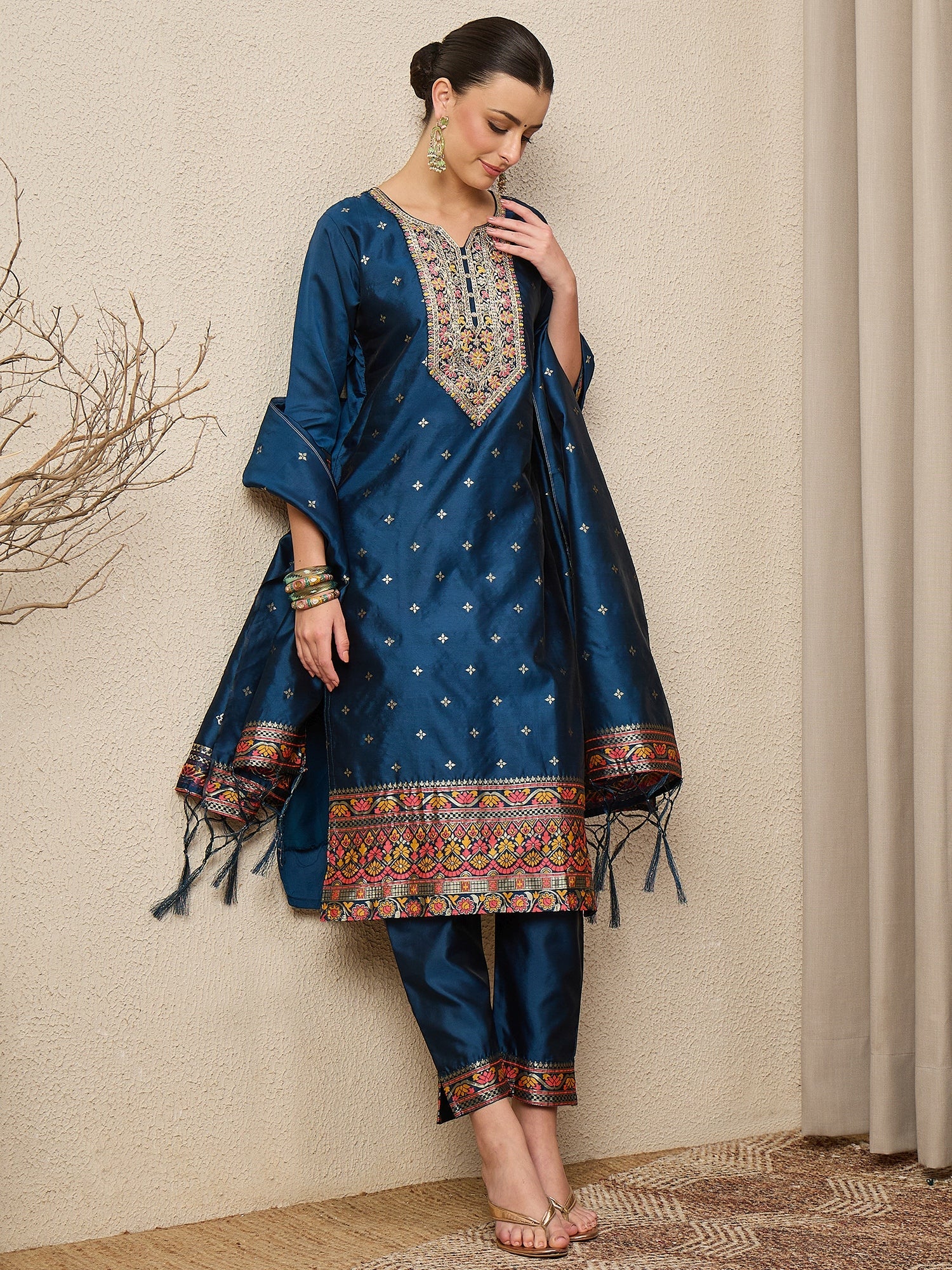 Kahani Women Teal Yoke Design Silk Blend Straight Suit With Dupatta - FitVibe Fashion
