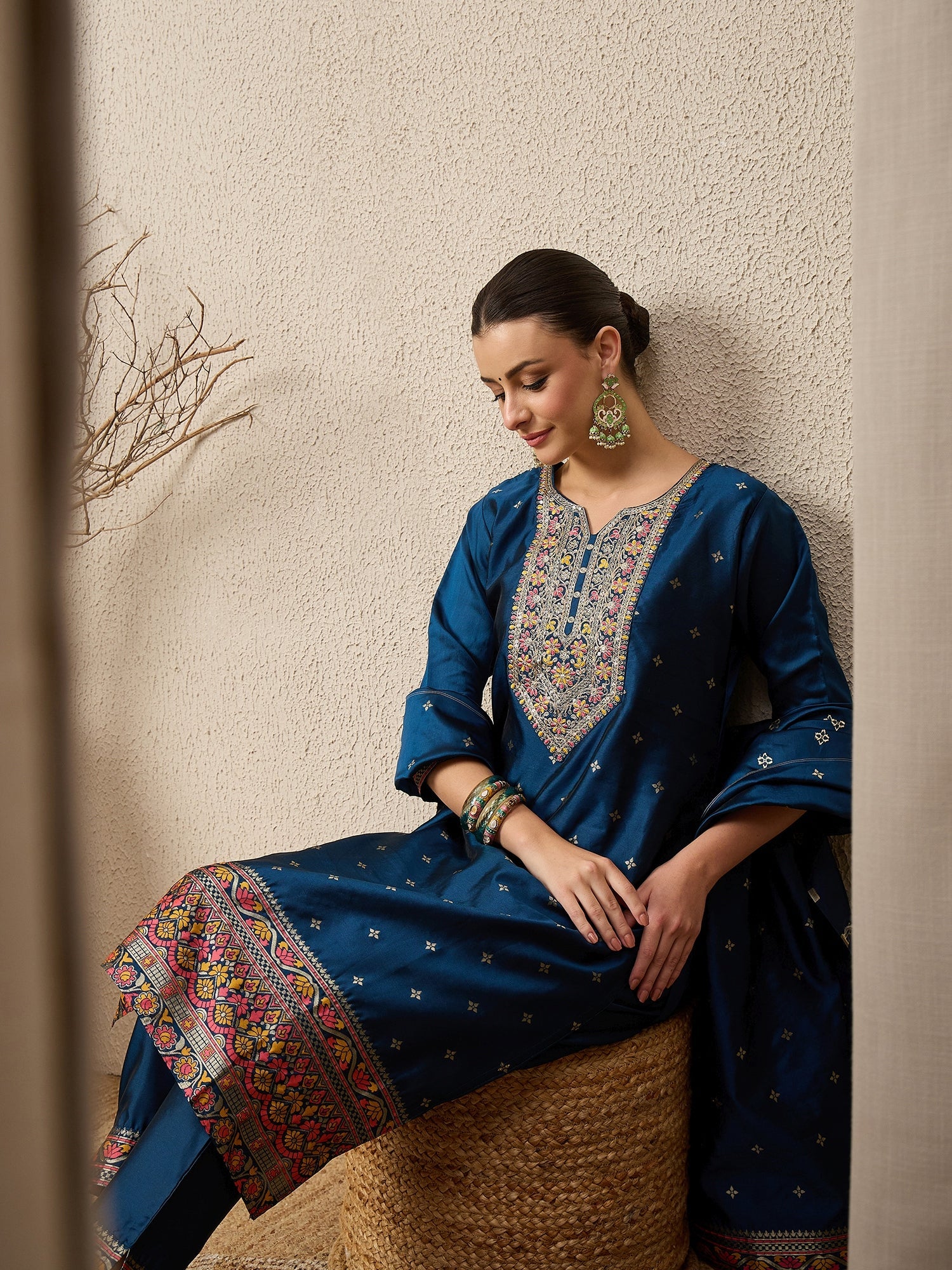 Kahani Women Teal Yoke Design Silk Blend Straight Suit With Dupatta - FitVibe Fashion