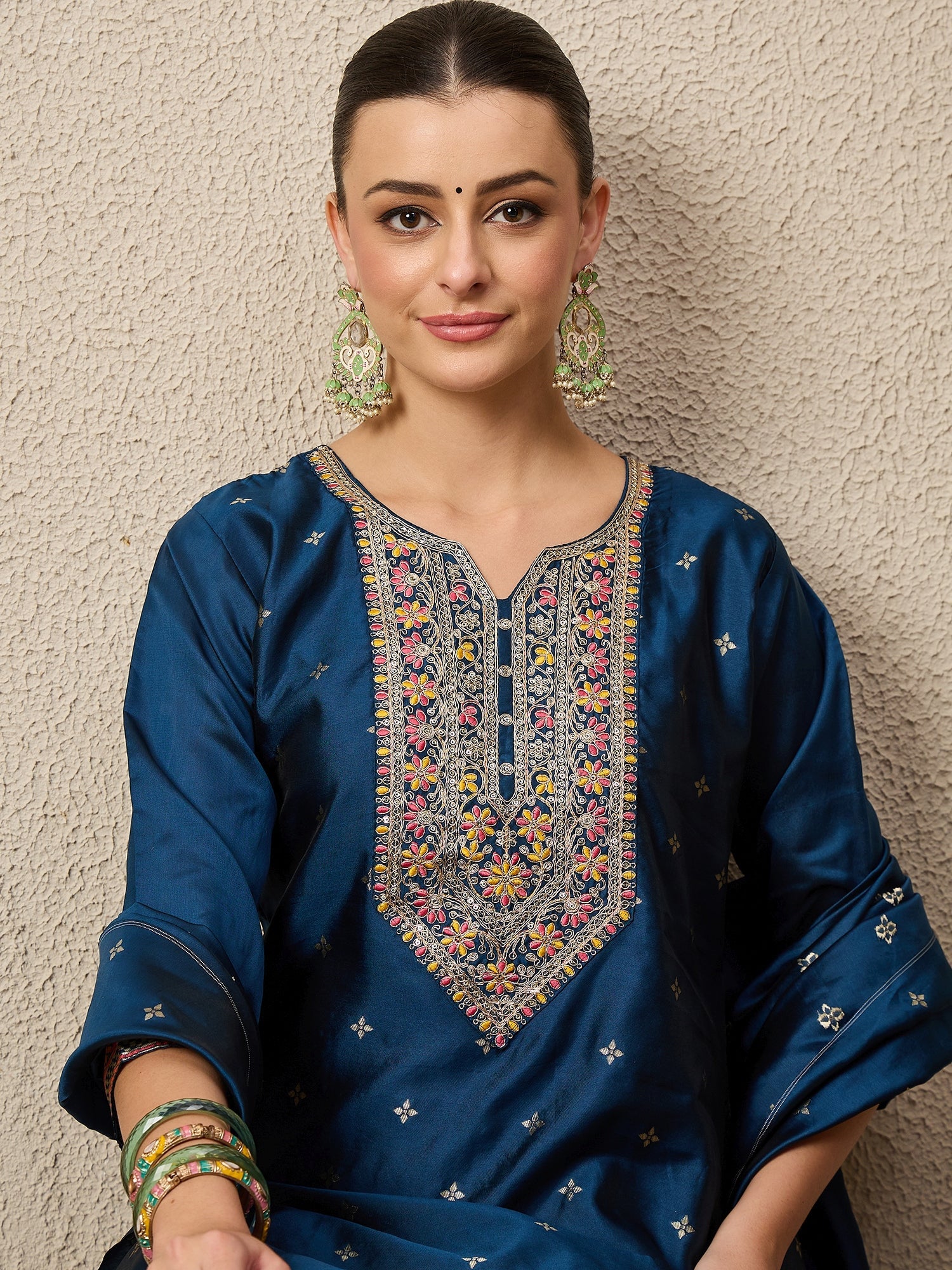 Kahani Women Teal Yoke Design Silk Blend Straight Suit With Dupatta - FitVibe Fashion