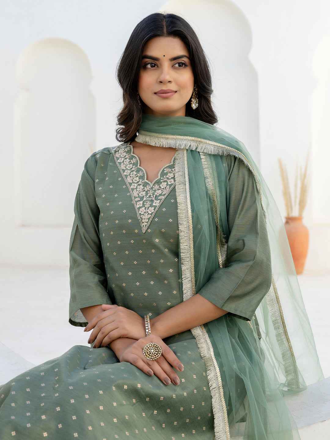 Akrita Women Silk Blend Kurta Pant Dupatta Set