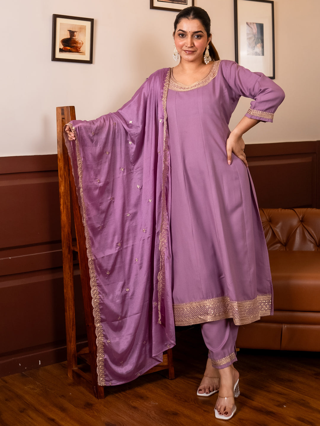 Navrangi Lavender Stylish Anarkali Kurta Set Ready to Wear Soft Silk Fabric with Embroidered Dupatta Tailored Fit - FitVibe Fashion