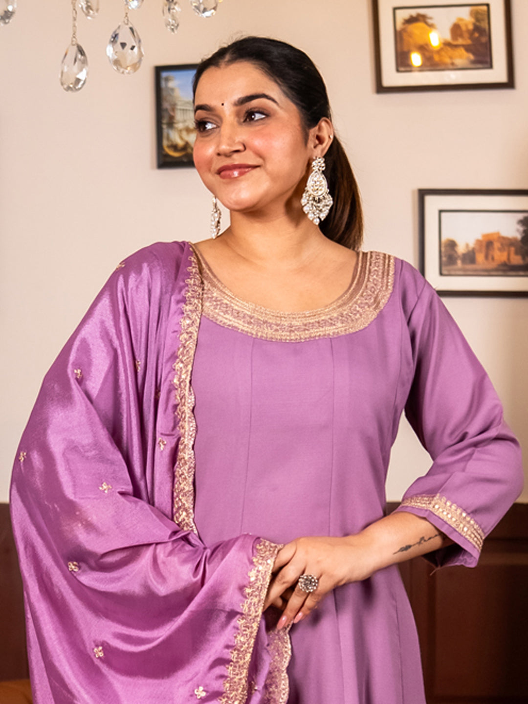 Navrangi Lavender Stylish Anarkali Kurta Set Ready to Wear Soft Silk Fabric with Embroidered Dupatta Tailored Fit - FitVibe Fashion