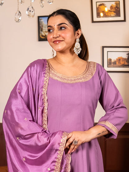 Navrangi Lavender Stylish Anarkali Kurta Set Ready to Wear Soft Silk Fabric with Embroidered Dupatta Tailored Fit - FitVibe Fashion