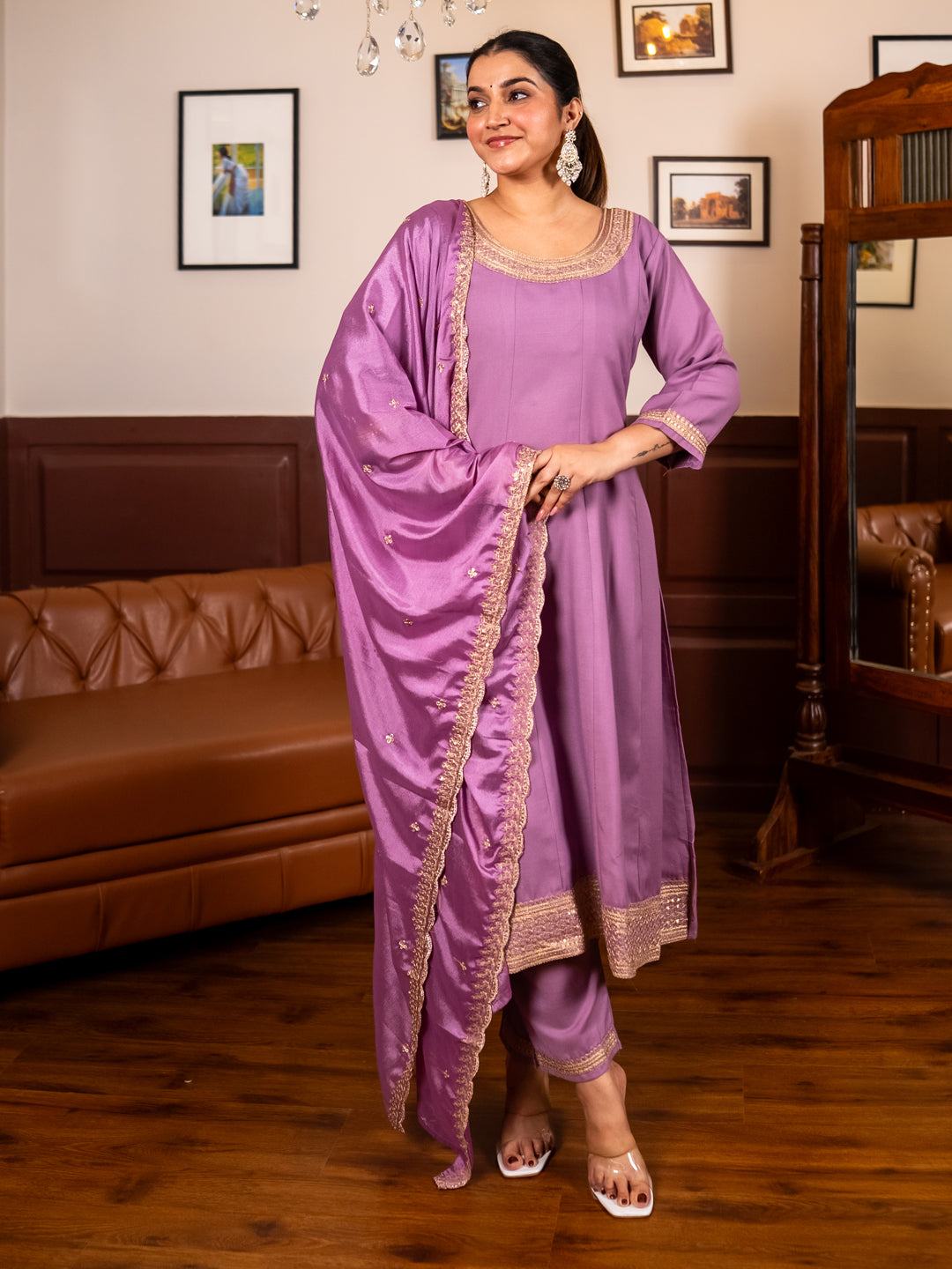 Navrangi Lavender Stylish Anarkali Kurta Set Ready to Wear Soft Silk Fabric with Embroidered Dupatta Tailored Fit - FitVibe Fashion