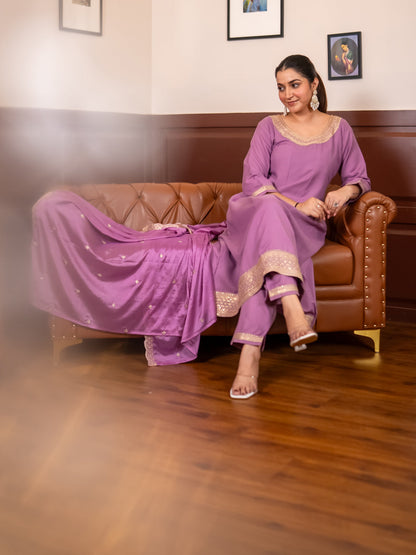 Navrangi Lavender Stylish Anarkali Kurta Set Ready to Wear Soft Silk Fabric with Embroidered Dupatta Tailored Fit - FitVibe Fashion
