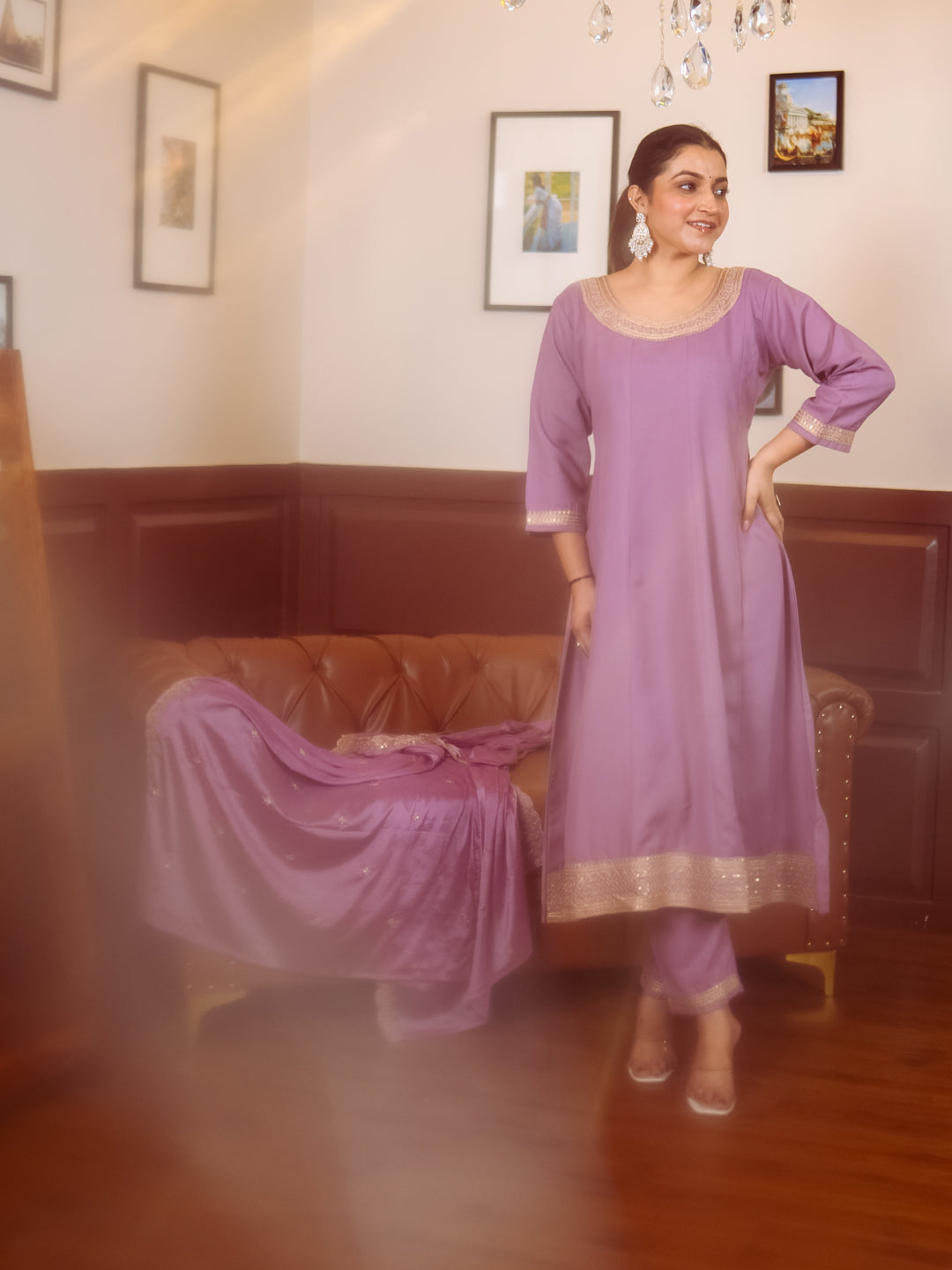 Navrangi Lavender Stylish Anarkali Kurta Set Ready to Wear Soft Silk Fabric with Embroidered Dupatta Tailored Fit - FitVibe Fashion