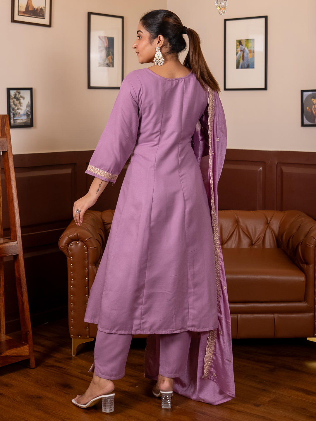 Navrangi Lavender Stylish Anarkali Kurta Set Ready to Wear Soft Silk Fabric with Embroidered Dupatta Tailored Fit - FitVibe Fashion