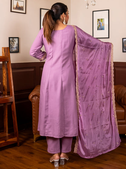Navrangi Lavender Stylish Anarkali Kurta Set Ready to Wear Soft Silk Fabric with Embroidered Dupatta Tailored Fit - FitVibe Fashion