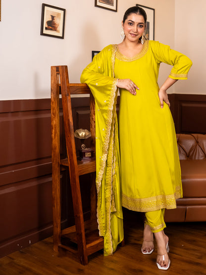Navrangi Lemon Stylish Anarkali Kurta Set Ready to Wear Soft Silk Fabric with Embroidered Dupatta Tailored Fit - FitVibe Fashion