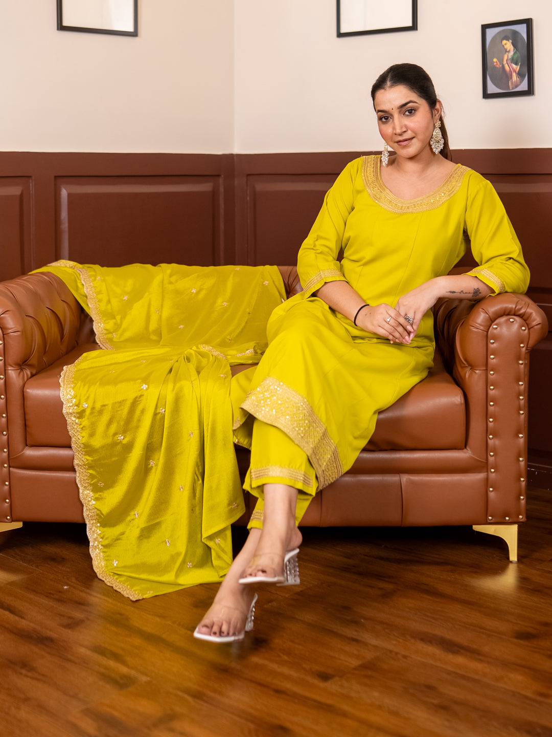 Navrangi Lemon Stylish Anarkali Kurta Set Ready to Wear Soft Silk Fabric with Embroidered Dupatta Tailored Fit - FitVibe Fashion