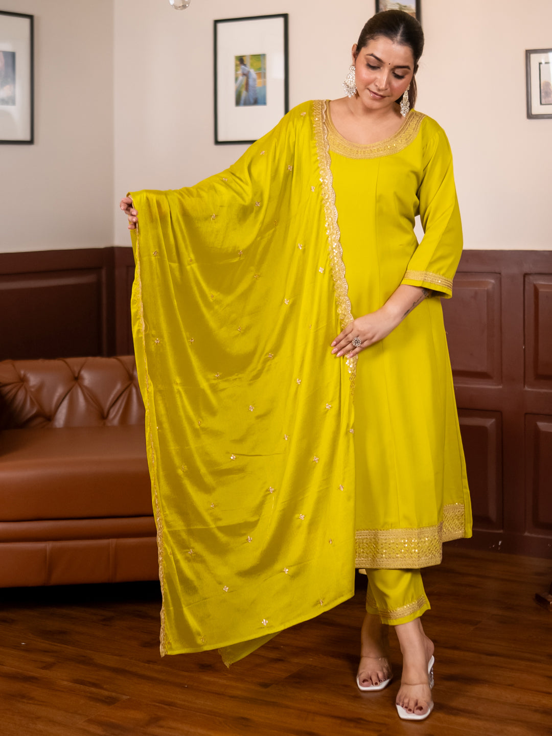 Navrangi Lemon Stylish Anarkali Kurta Set Ready to Wear Soft Silk Fabric with Embroidered Dupatta Tailored Fit - FitVibe Fashion