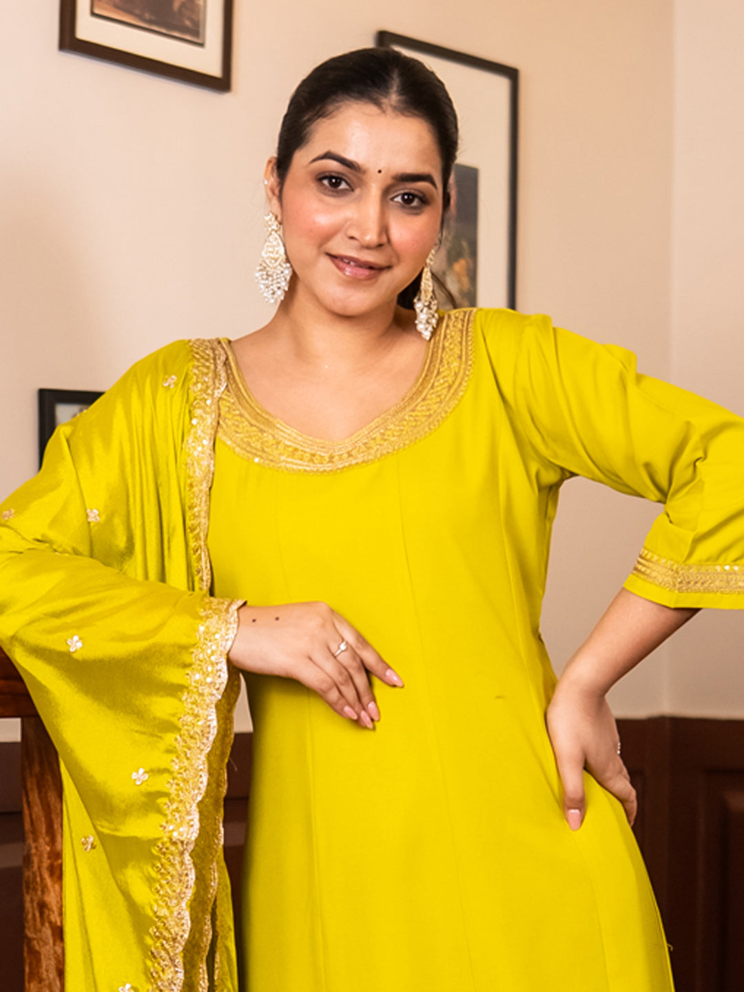 Navrangi Lemon Stylish Anarkali Kurta Set Ready to Wear Soft Silk Fabric with Embroidered Dupatta Tailored Fit - FitVibe Fashion