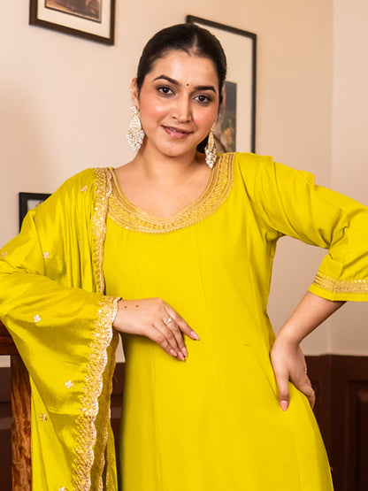 Navrangi Lemon Stylish Anarkali Kurta Set Ready to Wear Soft Silk Fabric with Embroidered Dupatta Tailored Fit - FitVibe Fashion