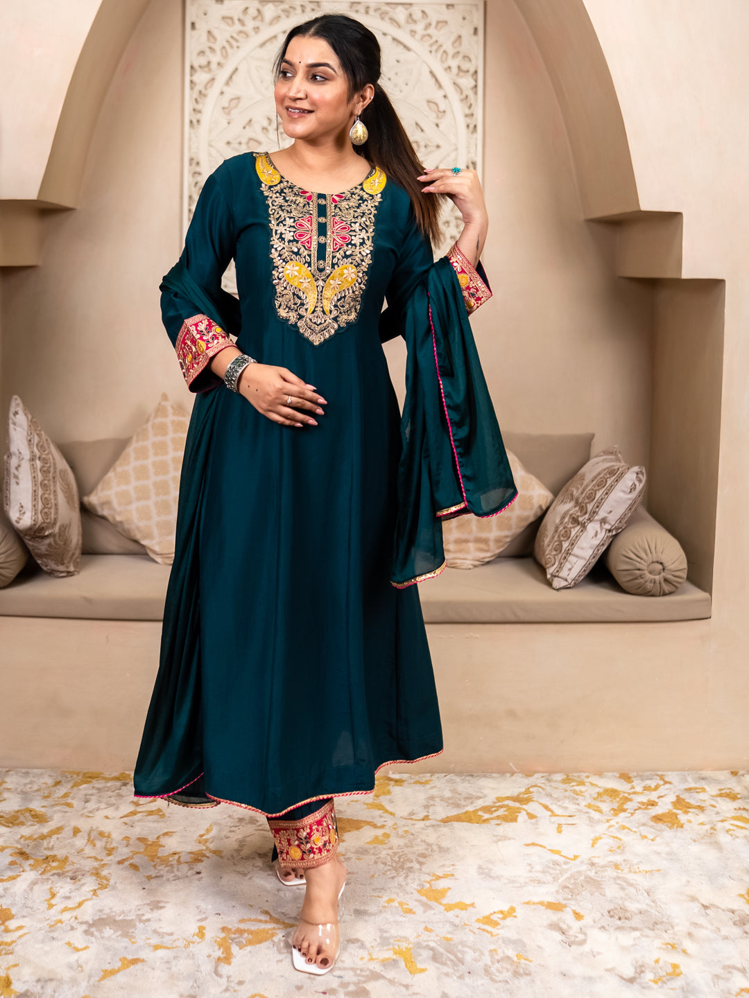Kiyaraah Stylish Anarkali Kurta Set Ready to Wear Soft Silk Fabric with Embroidered Dupatta Tailored Fit - FitVibe Fashion