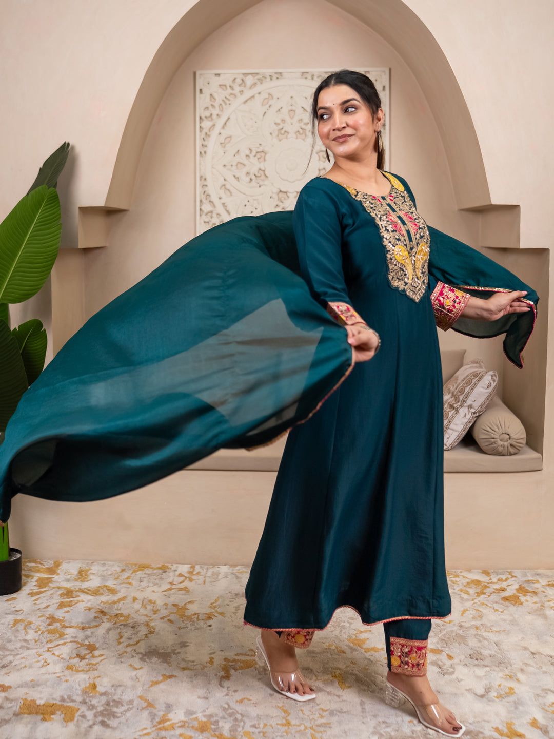 Kiyaraah Stylish Anarkali Kurta Set Ready to Wear Soft Silk Fabric with Embroidered Dupatta Tailored Fit - FitVibe Fashion