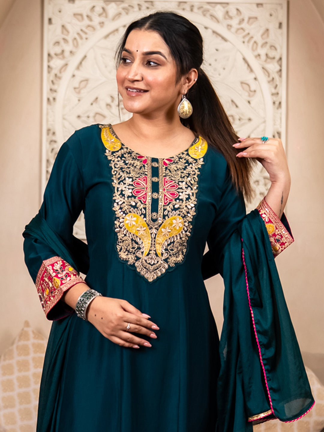 Kiyaraah Stylish Anarkali Kurta Set Ready to Wear Soft Silk Fabric with Embroidered Dupatta Tailored Fit - FitVibe Fashion