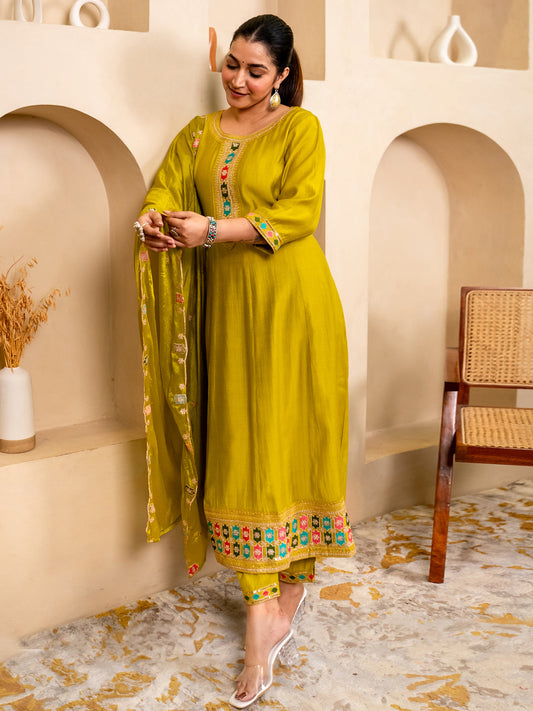 Kavisha Lemon Stylish Anarkali Kurta Set Ready to Wear Soft Silk Fabric with Embroidered Dupatta Tailored Fit - FitVibe Fashion