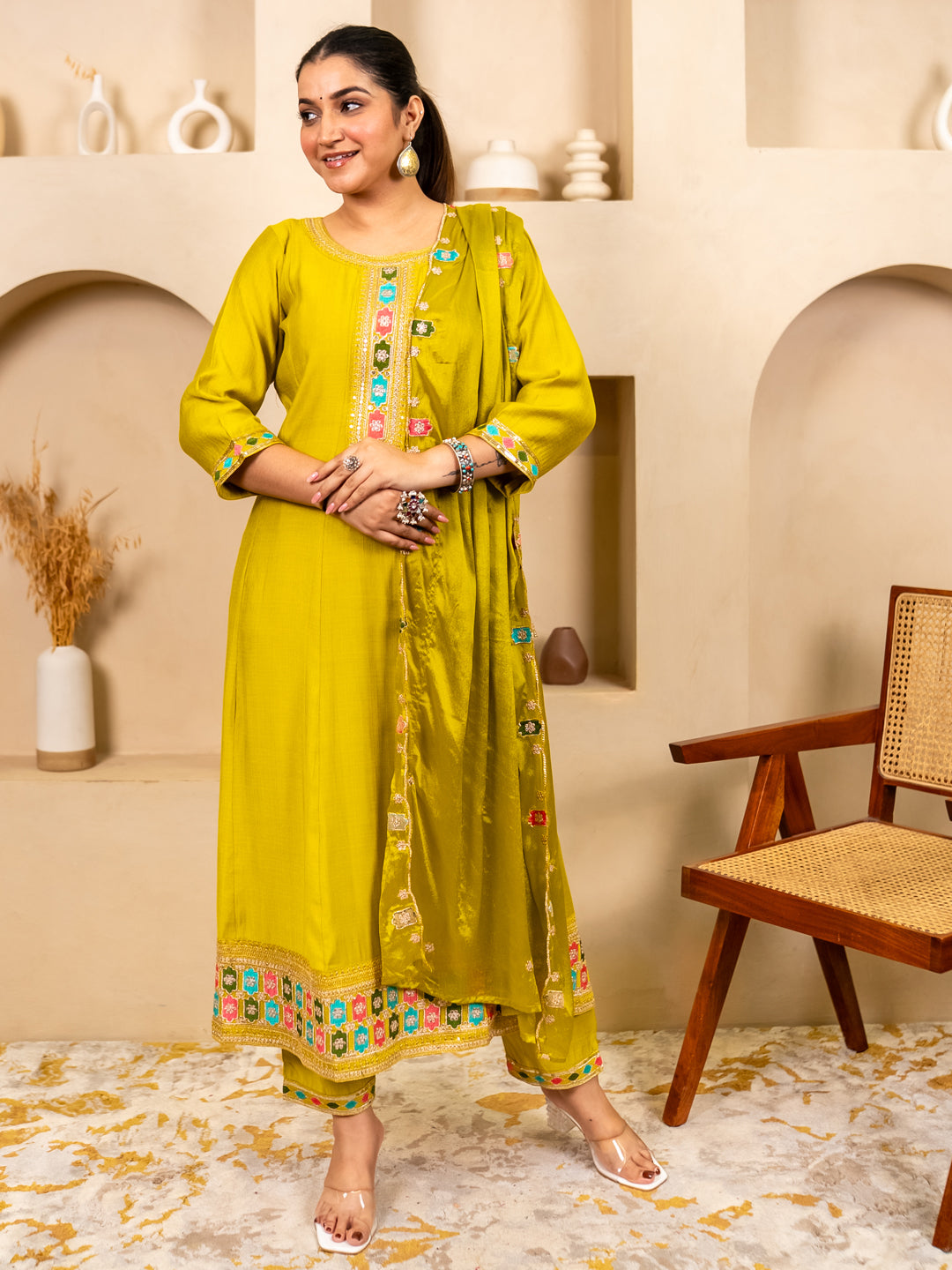 Kavisha Lemon Stylish Anarkali Kurta Set Ready to Wear Soft Silk Fabric with Embroidered Dupatta Tailored Fit - FitVibe Fashion