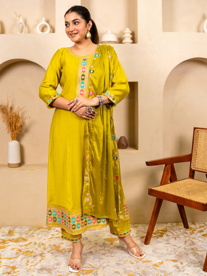 Kavisha Lemon Stylish Anarkali Kurta Set Ready to Wear Soft Silk Fabric with Embroidered Dupatta Tailored Fit - FitVibe Fashion