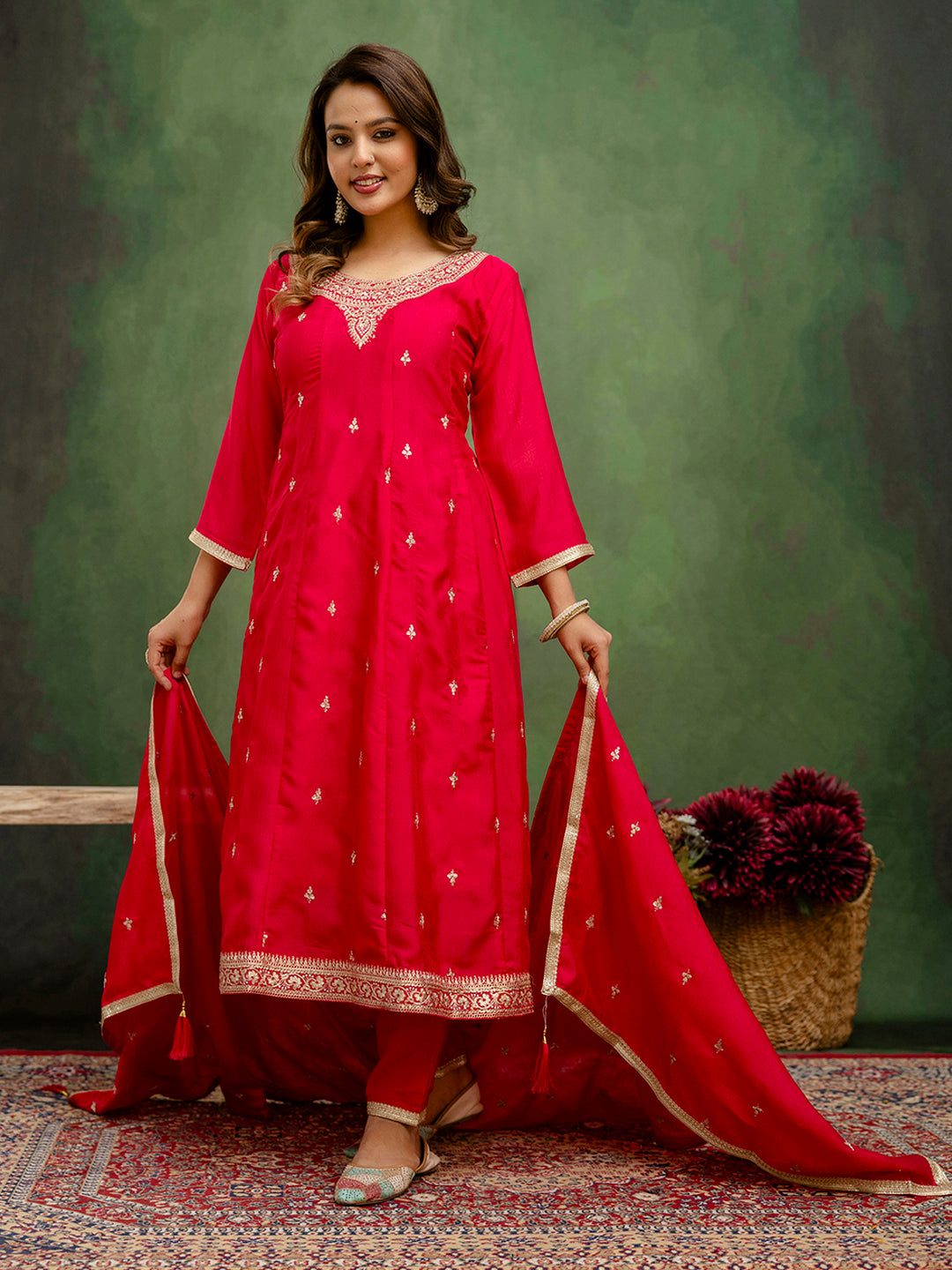 Noor Women Anarkali Kurta and Pant Dupatta Sets Silk Blend Fabrics with Embroidery - FitVibe Fashion