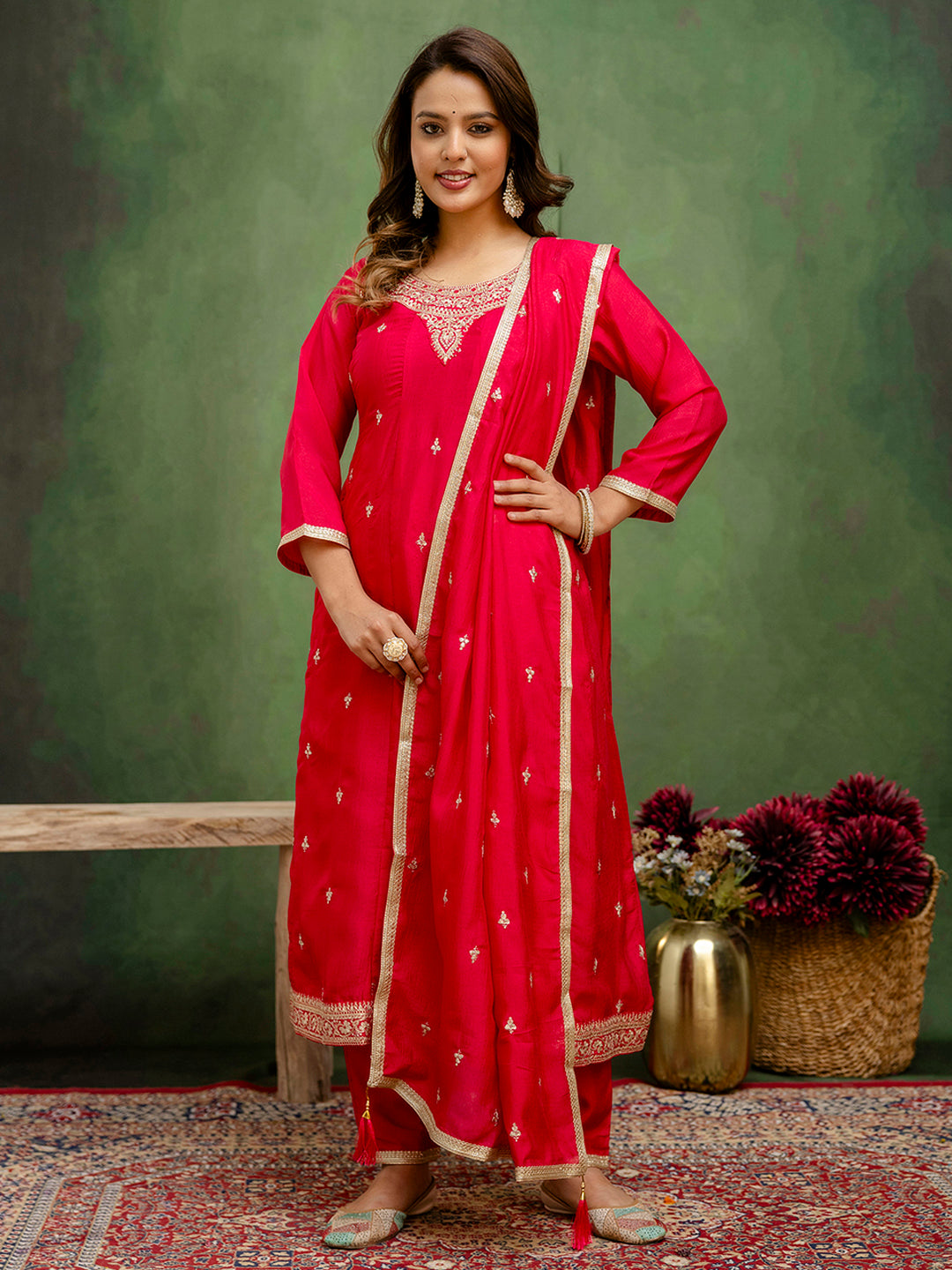 Noor Women Anarkali Kurta and Pant Dupatta Sets Silk Blend Fabrics with Embroidery - FitVibe Fashion