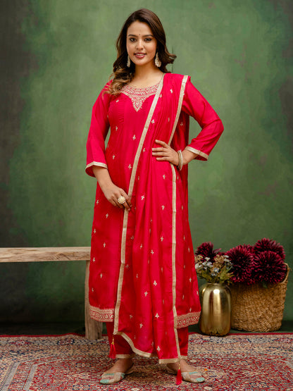 Noor Women Anarkali Kurta and Pant Dupatta Sets Silk Blend Fabrics with Embroidery - FitVibe Fashion