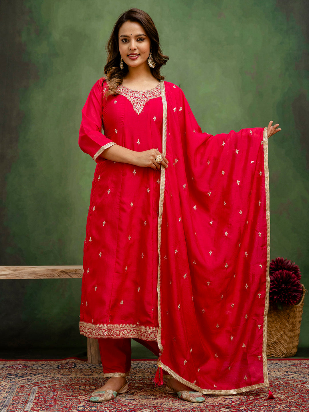 Noor Women Anarkali Kurta and Pant Dupatta Sets Silk Blend Fabrics with Embroidery - FitVibe Fashion