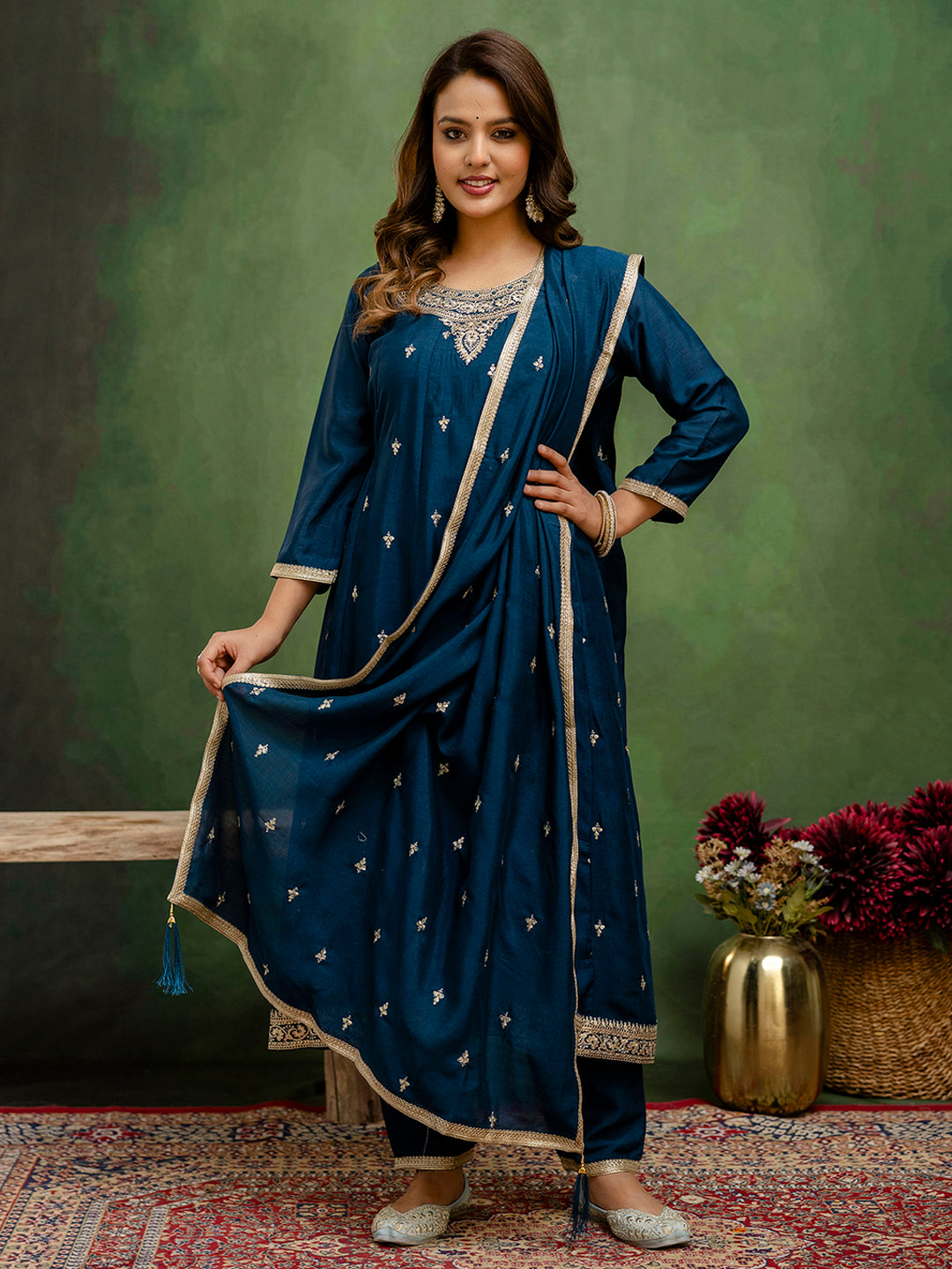 Noor Women Anarkali Kurta and Pant Dupatta Sets Silk Blend Fabrics with Embroidery - FitVibe Fashion