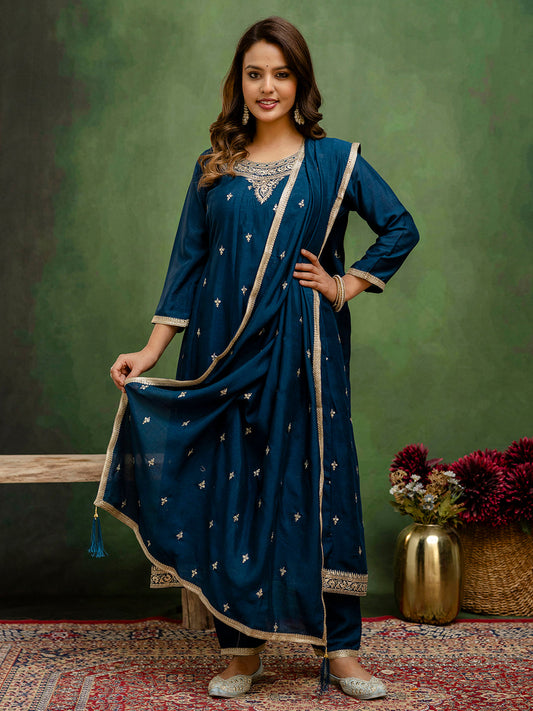 Noor Women Anarkali Kurta and Pant Dupatta Sets Silk Blend Fabrics with Embroidery - FitVibe Fashion