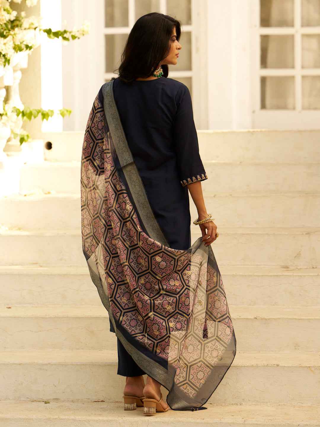 Aarohi Beads Embroidered Silk Blend Blue Women Kurta Sets With Dupatta Straight Suits