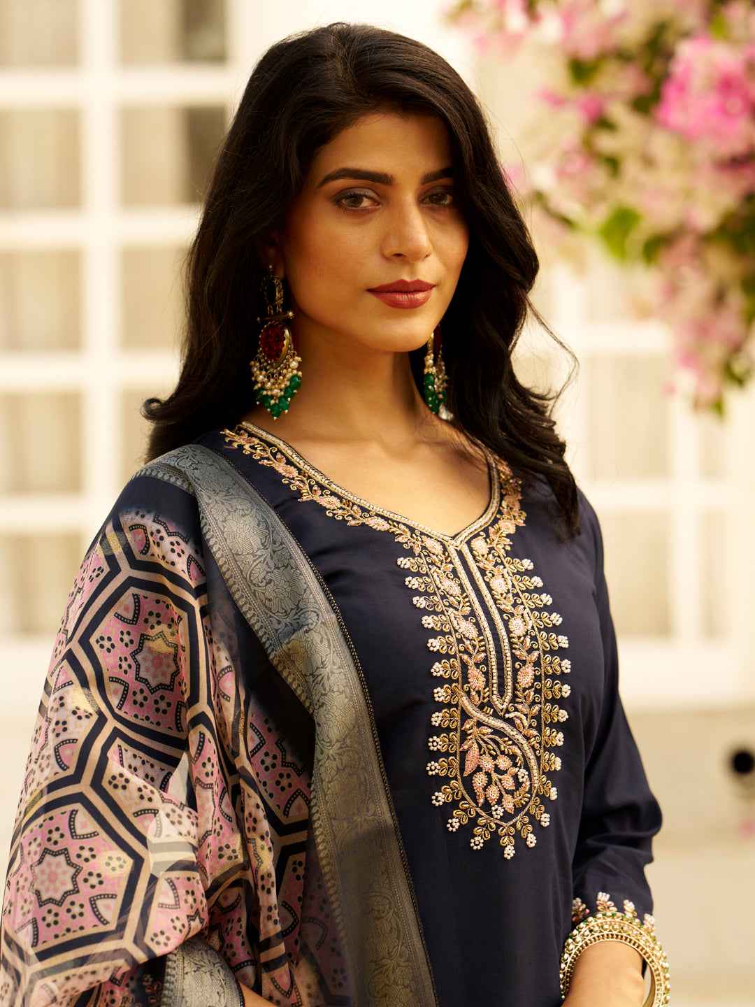 Aarohi Beads Embroidered Silk Blend Blue Women Kurta Sets With Dupatta Straight Suits