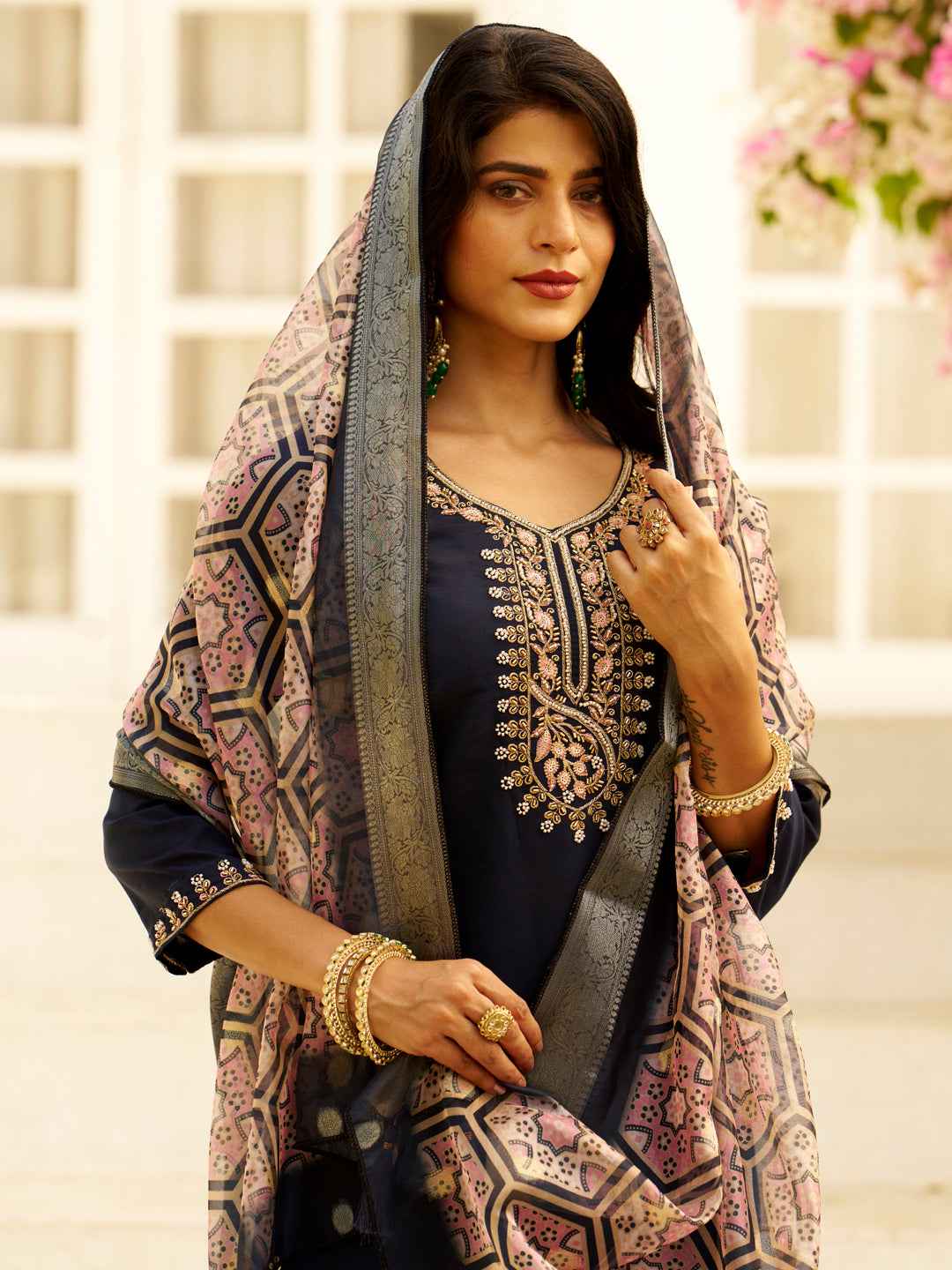 Aarohi Beads Embroidered Silk Blend Blue Women Kurta Sets With Dupatta Straight Suits