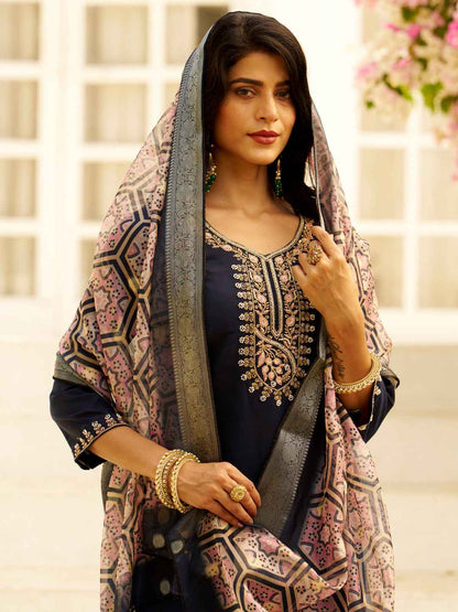 Aarohi Beads Embroidered Silk Blend Blue Women Kurta Sets With Dupatta Straight Suits