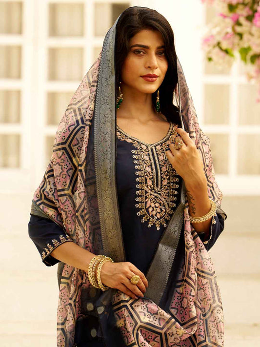 Aarohi Beads Embroidered Silk Blend Blue Women Kurta Sets With Dupatta Straight Suits