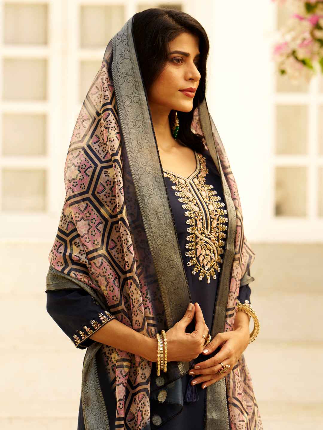 Aarohi Beads Embroidered Silk Blend Blue Women Kurta Sets With Dupatta Straight Suits