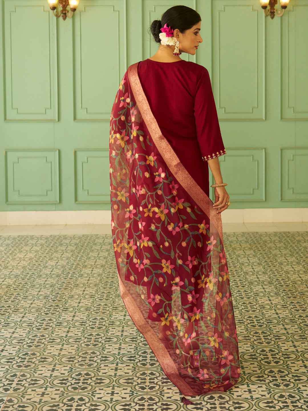 Aarohi Beads Embroidered Maroon Women Kurta Sets With Dupatta Straight Suits