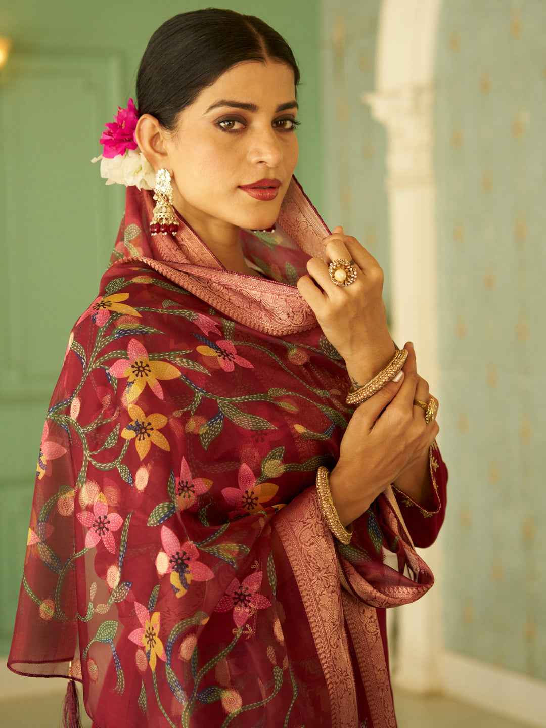 Aarohi Beads Embroidered Maroon Women Kurta Sets With Dupatta Straight Suits