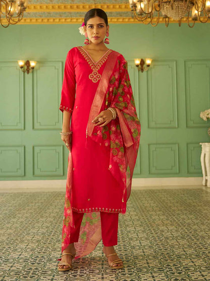 Aarohi Beads Embroidered Pink Women Kurta Sets With Dupatta Straight Suits