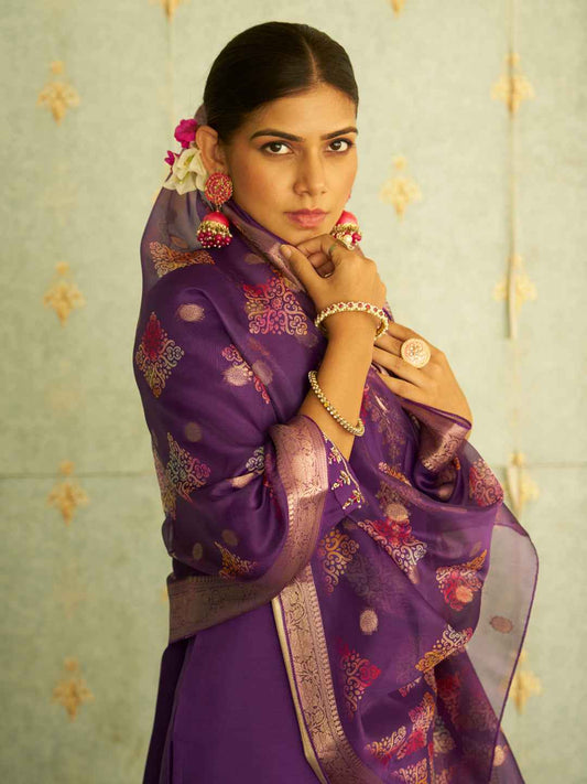 Aarohi Beads Embroidered Purple Women Kurta Sets With Dupatta Straight Suits