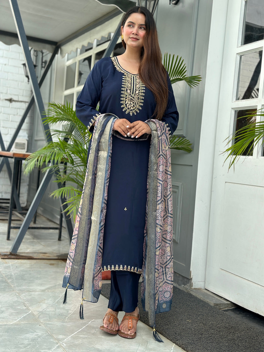 Neena Blue Embroidered Women Kurta Sets With Dupatta Straight Suits - FitVibe Fashion