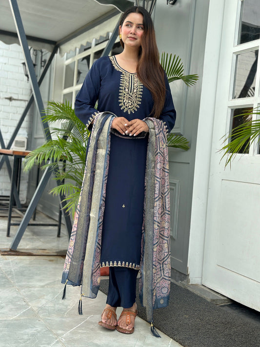 Neena Blue Embroidered Women Kurta Sets With Dupatta Straight Suits - FitVibe Fashion