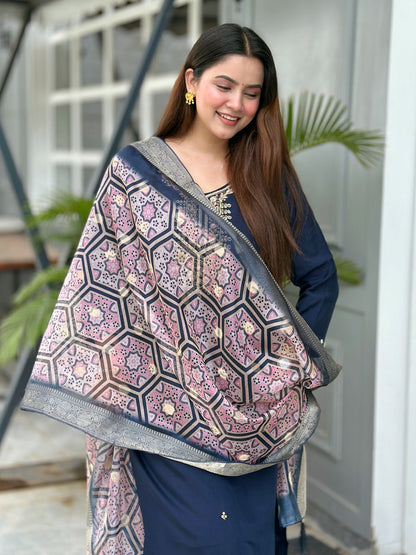 Neena Blue Embroidered Women Kurta Sets With Dupatta Straight Suits - FitVibe Fashion