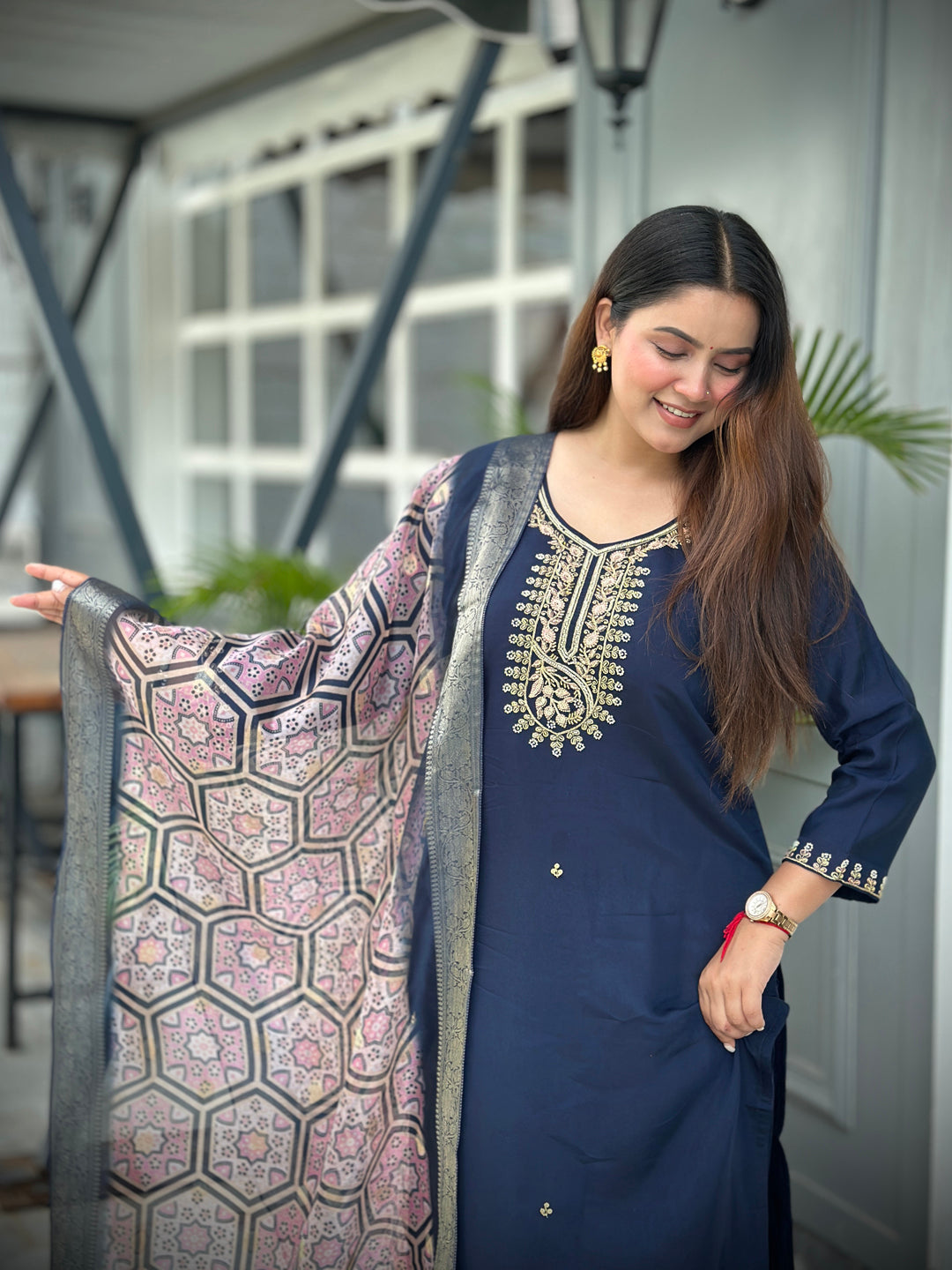 Neena Blue Embroidered Women Kurta Sets With Dupatta Straight Suits - FitVibe Fashion