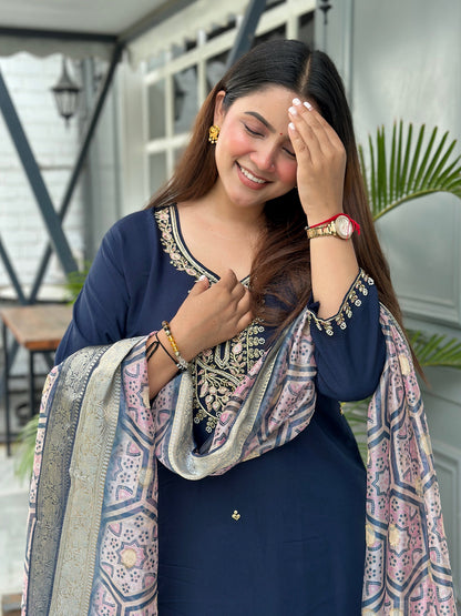 Neena Blue Embroidered Women Kurta Sets With Dupatta Straight Suits - FitVibe Fashion