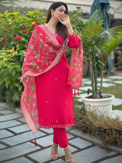 Neena Pink Embroidered Women Kurta Sets With Dupatta Straight Suits - FitVibe Fashion